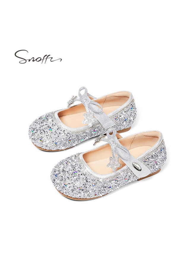 Snoffy Sinafei Star Shoes, Children's Crystal Shoes, Spring And Autumn Girls' Shiny Princess Shoes, Starry Silver, Size 27 - Image 3