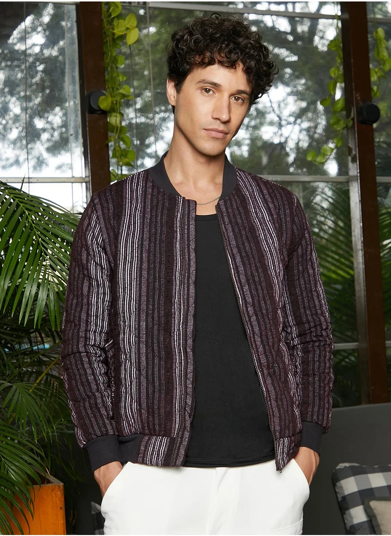 Campus Sutra Men's Charcoal Grey Striped Quilted Bomber Jacket