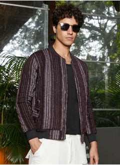 Campus Sutra Men's Charcoal Grey Striped Quilted Bomber Jacket  - Image 1