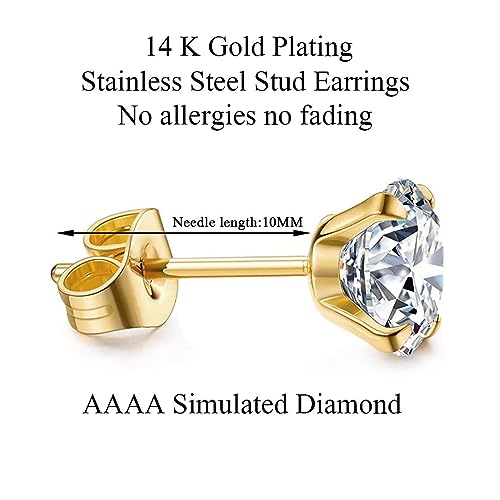 Kainier 5 Pairs CZ Stud Earrings Set for Women Men, 316L Stainless Steel Hypoallergenic Earrings for Sensitive Ears, 14K Gold Plated Silver Tone Jewelry, Cubic Zirconia Diamond Flatback Studs 3-7mm - Image 5