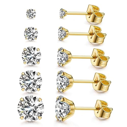 Kainier 5 Pairs CZ Stud Earrings Set for Women Men, 316L Stainless Steel Hypoallergenic Earrings for Sensitive Ears, 14K Gold Plated Silver Tone Jewelry, Cubic Zirconia Diamond Flatback Studs 3-7mm - Image 1