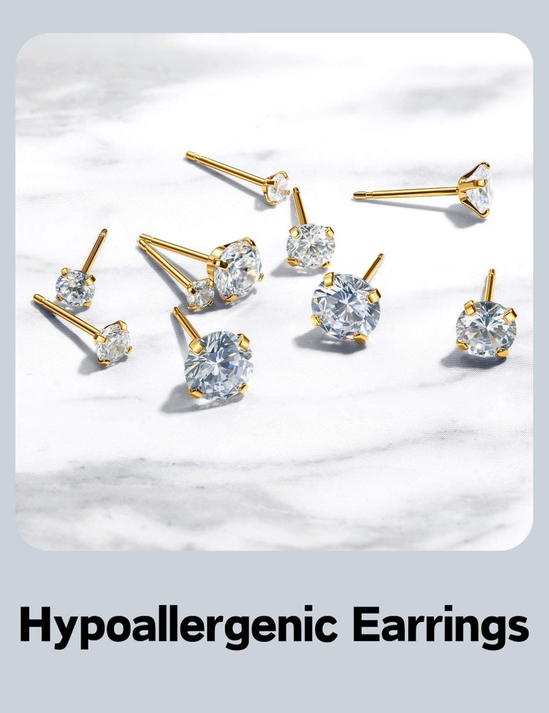Kainier 5 Pairs CZ Stud Earrings Set for Women Men, 316L Stainless Steel Hypoallergenic Earrings for Sensitive Ears, 14K Gold Plated Silver Tone Jewelry, Cubic Zirconia Diamond Flatback Studs 3-7mm - Image 4