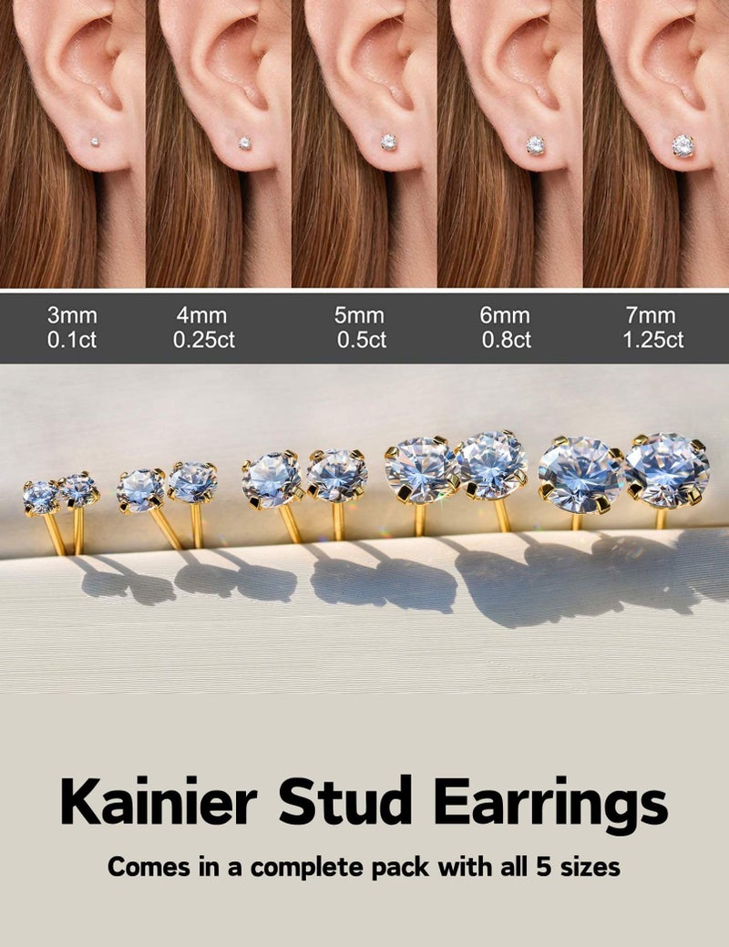 Kainier 5 Pairs CZ Stud Earrings Set for Women Men, 316L Stainless Steel Hypoallergenic Earrings for Sensitive Ears, 14K Gold Plated Silver Tone Jewelry, Cubic Zirconia Diamond Flatback Studs 3-7mm - Image 3