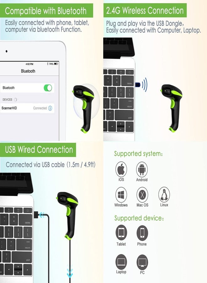 NADAMOO 2D Wireless Barcode Scanner with Stand, Compatible with Bluetooth & 2.4G Wireless & Wired Connection, Cordless QR Code Scanner USB Image Bar Code Reader for Computer Tablet iPhone iPad Android - Image 2