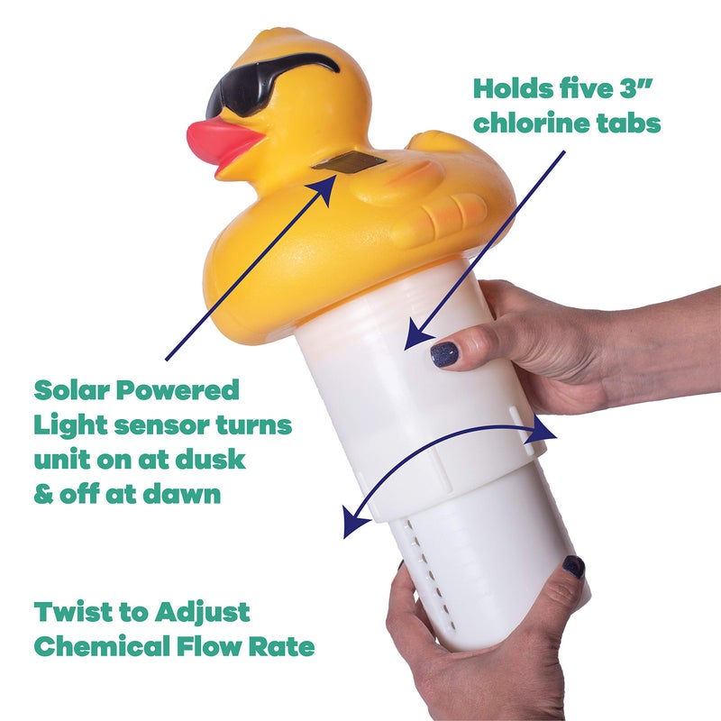 GAME Solar Light-Up Derby Duck Pool Chlorinator; 3”-Tablet Chlorine Dispenser; LED Lights; Light Sensor; Expandable Basket; Adjustable Flow Rate; Duck, Tiki, Globe, Pineapple, & Volcano - Image 4