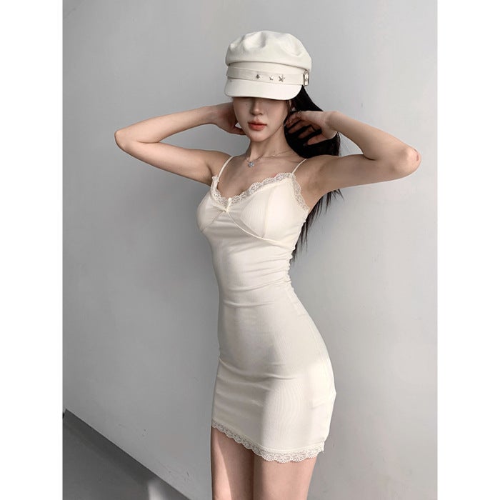 Hot Girl Lace Sling dress Womens Spring and Summer Sexy Slim-Fit Elegant Low Neck Base Hip Dress with Chest Pad Apricot