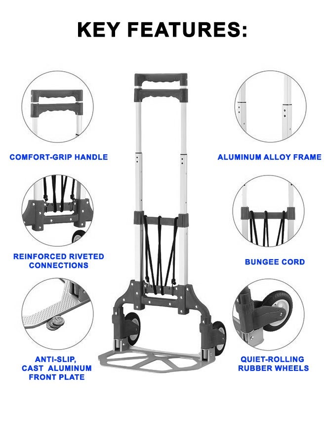 Toshionics Folding Hand Truck Trolley Heavy Duty Dolly Cart with Telescoping Handle Elastic Ropes Wheels Ideal For Shopping Home Office Shopping and Luggage Transport Durable Aluminum Capacity  - Image 2