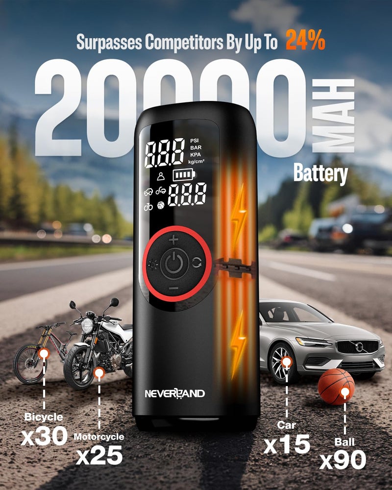 NEVERLAND Tire Inflator Portable Air Compressor - 5X Faster 150 PSI Electric Air Pump for Car Tires, Cordless Tire Inflator with Pressure Gauge for Car Bike Motorcycle Ball, DC 12V (Red) - Image 5