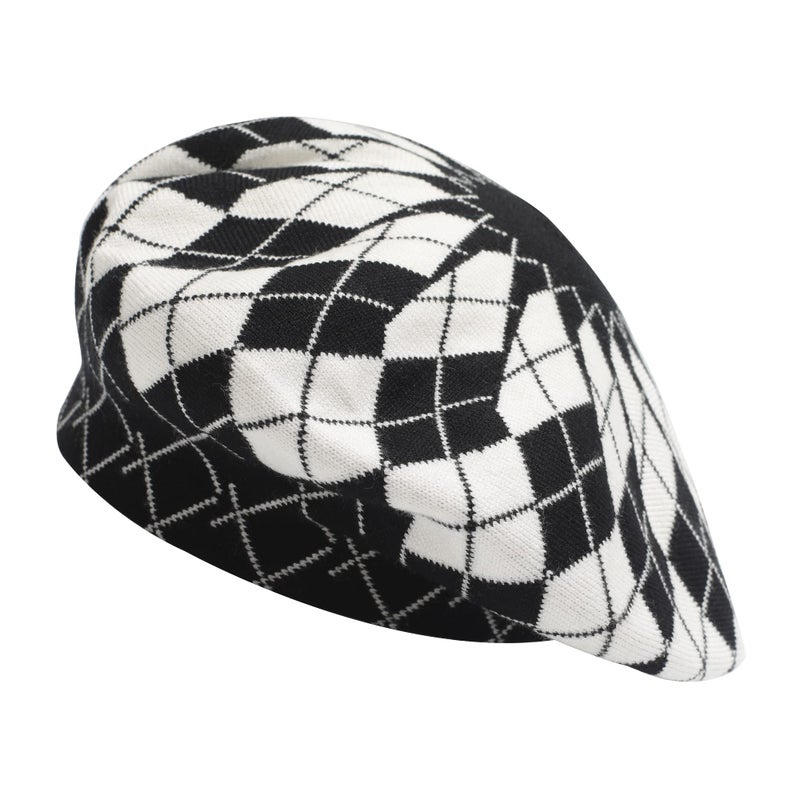 ZLYC Womens French Beret Hat Reversible Knitted Thickened Warm Cap for Ladies Girls (Plaid Black and White) - Image 1