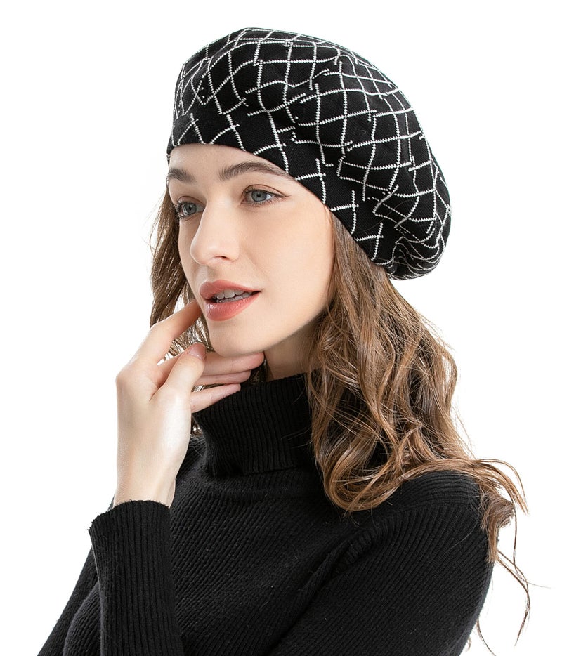 ZLYC Womens French Beret Hat Reversible Knitted Thickened Warm Cap for Ladies Girls (Plaid Black and White) - Image 4