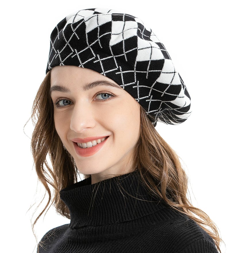 ZLYC Womens French Beret Hat Reversible Knitted Thickened Warm Cap for Ladies Girls (Plaid Black and White) - Image 2