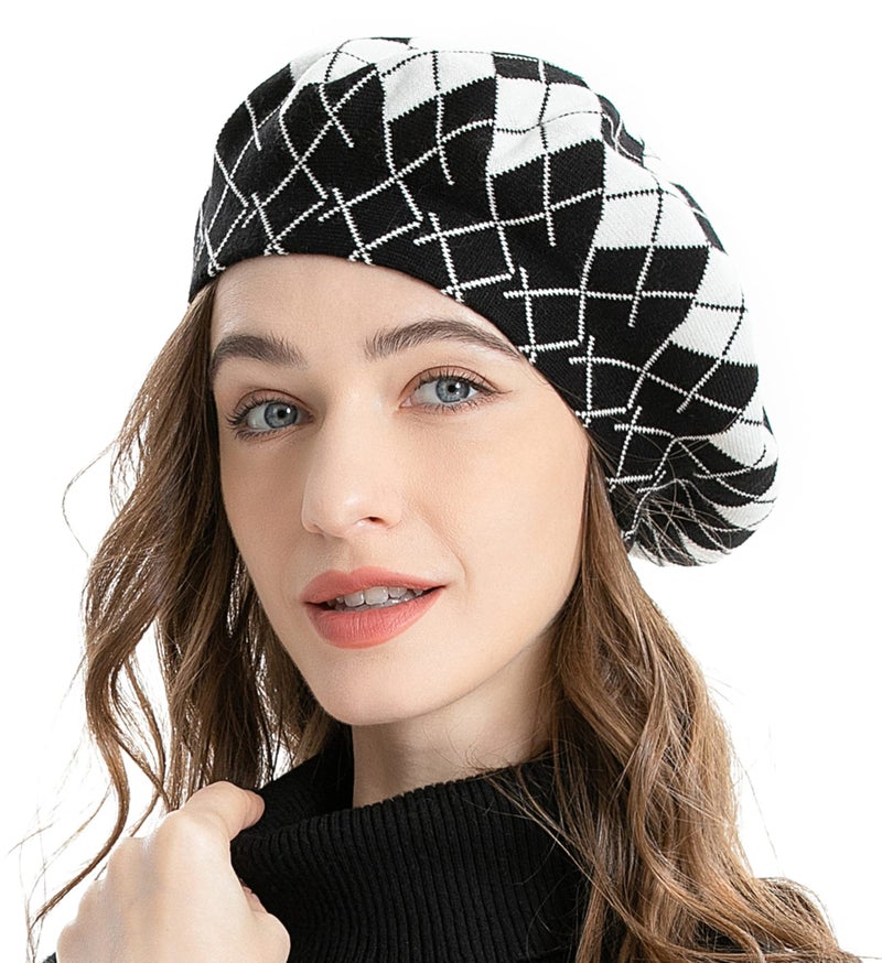 ZLYC Womens French Beret Hat Reversible Knitted Thickened Warm Cap for Ladies Girls (Plaid Black and White) - Image 3