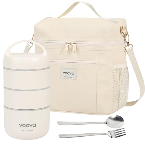Voova Stackable Stainless Steel Thermal Lunch Box with Lunch Bag and Cultery Set for Adult Women Men, 3 Tier Leakproof & Microwave Safe Insulated Bento Boxes Food Container for Work, Beige - Image 1