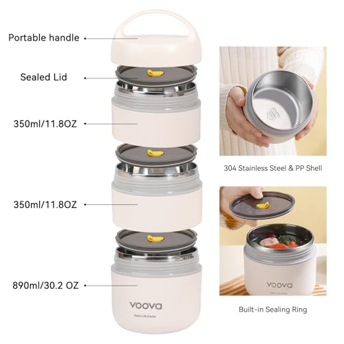 Voova Stackable Stainless Steel Thermal Lunch Box with Lunch Bag and Cultery Set for Adult Women Men, 3 Tier Leakproof & Microwave Safe Insulated Bento Boxes Food Container for Work, Beige - Image 3
