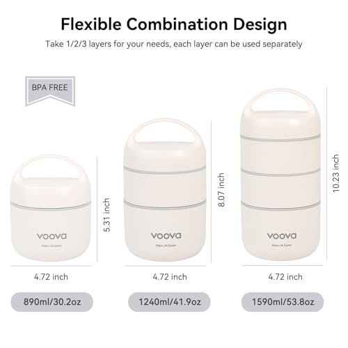Voova Stackable Stainless Steel Thermal Lunch Box with Lunch Bag and Cultery Set for Adult Women Men, 3 Tier Leakproof & Microwave Safe Insulated Bento Boxes Food Container for Work, Beige - Image 2