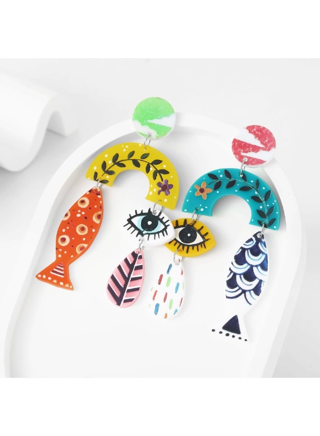 Goolsky New Eco-Friendly Acrylic Stud Earrings for Women – Retro Leaf Print & Fish Eye Design, Lightweight Eco-Acrylic, Casual/Vintage Outfits Summer Wear - Image 1