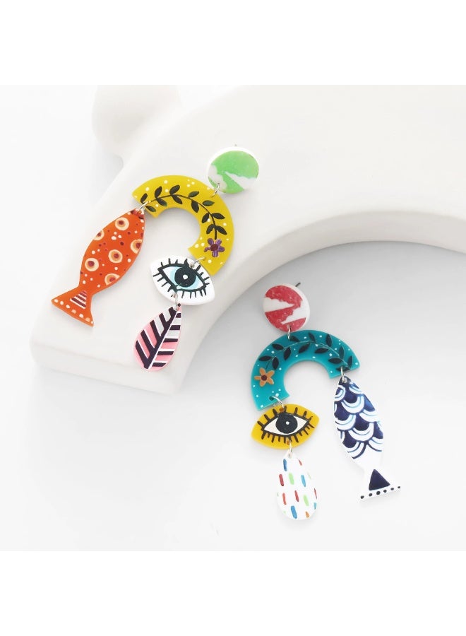 Goolsky New Eco-Friendly Acrylic Stud Earrings for Women – Retro Leaf Print & Fish Eye Design, Lightweight Eco-Acrylic, Casual/Vintage Outfits Summer Wear - Image 2