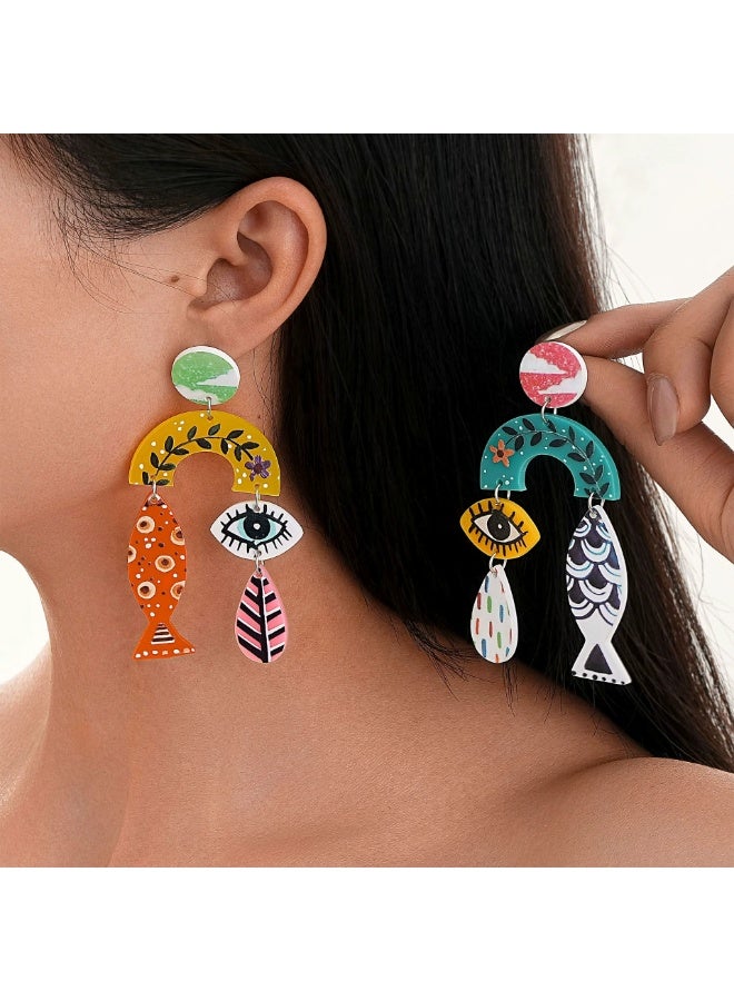 Goolsky New Eco-Friendly Acrylic Stud Earrings for Women – Retro Leaf Print & Fish Eye Design, Lightweight Eco-Acrylic, Casual/Vintage Outfits Summer Wear - Image 4