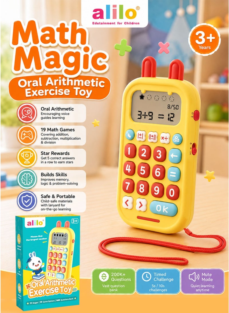 alilo Math Magic Oral Arithmetic Exercise Toy for Kids 3+ Interactive Educational Calculator Toy with 19 Math Game Options, 11 Progressive Learning Stages, 50K+ Questions Bank, Voice Encouragement, Star Rewards, Timed Challenge, Error Review, Addition, Subtraction, Multiplication, Division, Number Memory, Pattern Recognition, Size Comparison, Number Guessing, Silent Mode, Volume Adjustment, Safety Battery Lock and Portable Lanyard for Home School Travel Classroom Learning - Image 1
