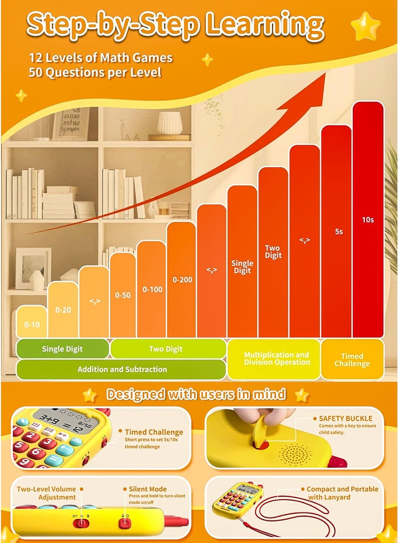 alilo Math Magic Oral Arithmetic Exercise Toy for Kids 3+ Interactive Educational Calculator Toy with 19 Math Game Options, 11 Progressive Learning Stages, 50K+ Questions Bank, Voice Encouragement, Star Rewards, Timed Challenge, Error Review, Addition, Subtraction, Multiplication, Division, Number Memory, Pattern Recognition, Size Comparison, Number Guessing, Silent Mode, Volume Adjustment, Safety Battery Lock and Portable Lanyard for Home School Travel Classroom Learning - Image 3