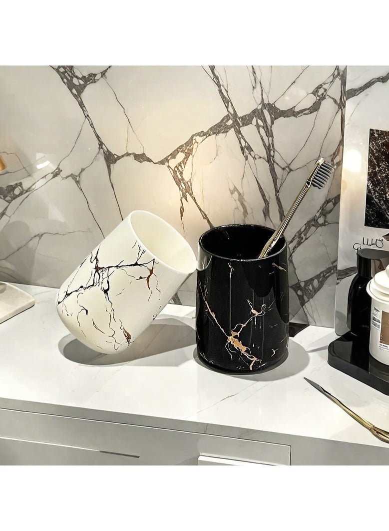 FUKE 4pcs Bathroom Set, Ceramic Golden-Edged Marble Pattern Washroom Accessories, Including Two Mouthwash Cups, 1 Toothbrush 2 Hole Holder, 1 Double Handle Tray(White) - Image 2