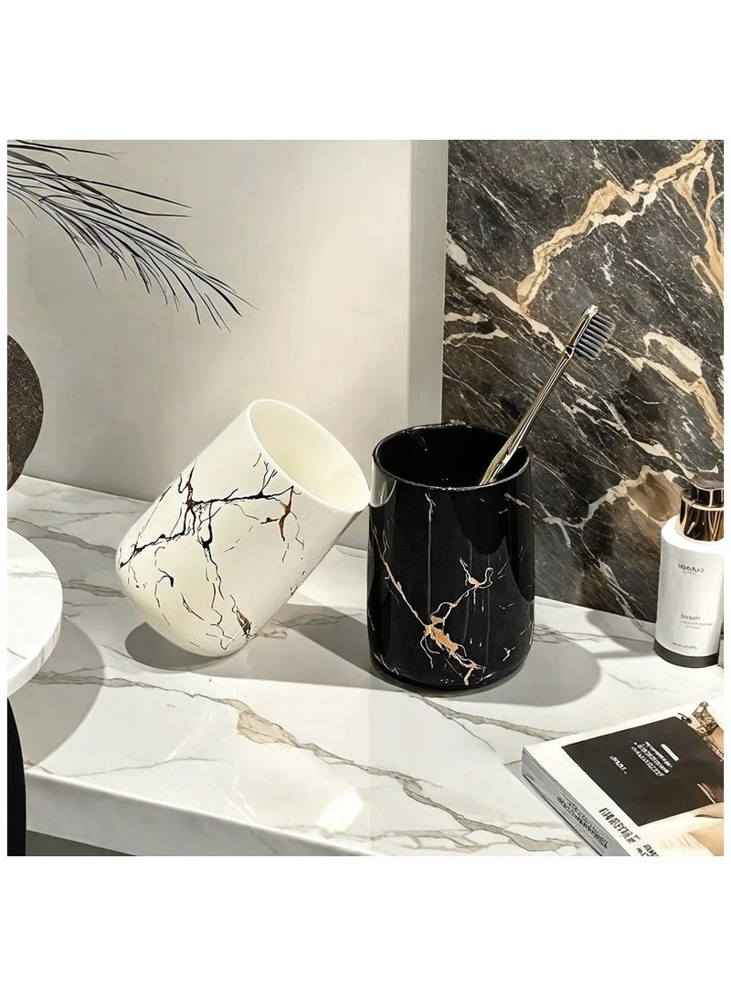 FUKE 4pcs Bathroom Set, Ceramic Golden-Edged Marble Pattern Washroom Accessories, Including Two Mouthwash Cups, 1 Toothbrush 2 Hole Holder, 1 Double Handle Tray(White) - Image 3