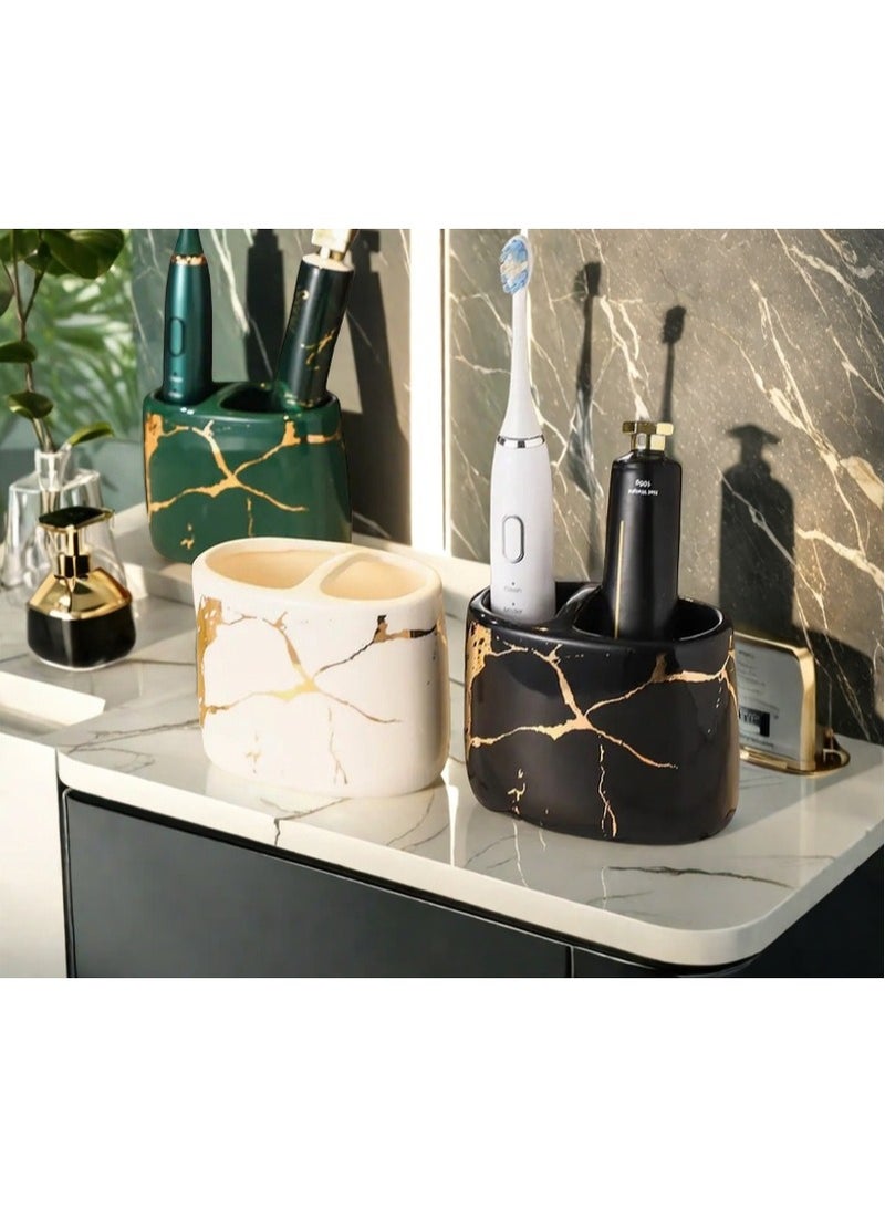 FUKE 4pcs Bathroom Set, Ceramic Golden-Edged Marble Pattern Washroom Accessories, Including Two Mouthwash Cups, 1 Toothbrush 2 Hole Holder, 1 Double Handle Tray(White) - Image 4