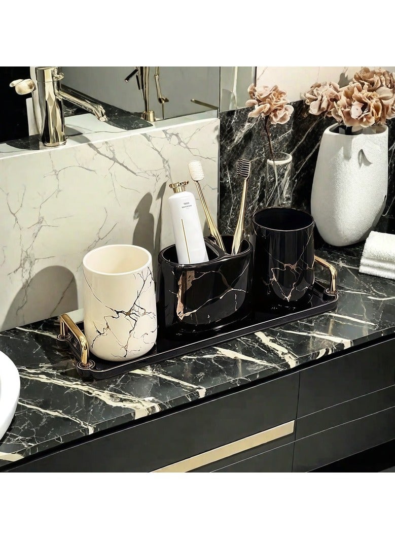 FUKE 4pcs Bathroom Set, Ceramic Golden-Edged Marble Pattern Washroom Accessories, Including Two Mouthwash Cups, 1 Toothbrush 2 Hole Holder, 1 Double Handle Tray(White) - Image 5