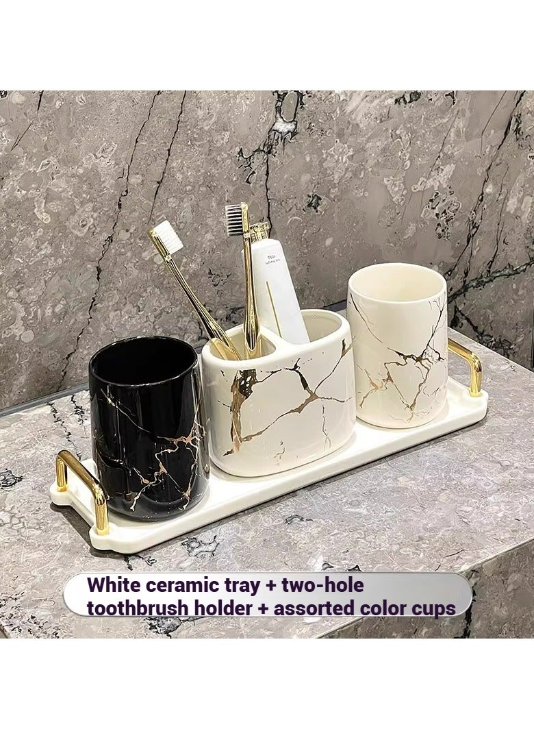 FUKE 4pcs Bathroom Set, Ceramic Golden-Edged Marble Pattern Washroom Accessories, Including Two Mouthwash Cups, 1 Toothbrush 2 Hole Holder, 1 Double Handle Tray(White) - Image 1