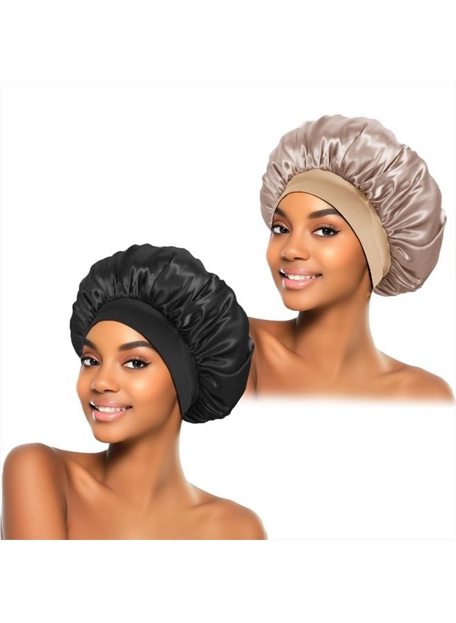 ZHENSILK 2Pcs Silk Bonnet for Sleeping, Satin Hair Bonnets, Soft Elastic Band Silk Sleep Cap, Silk Hair Wrap for Curly Hair (Black Purple) - Image 1