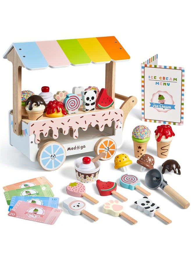 medoga Wooden Ice Cream Truck Toy Play Set with Ice Cream Toy Pretend Play Food Truck Play Kitchen Accessories with Ice Lolly & Shovel & Menu Wooden Toy Gift for 3 4 5 6 7 8 Year Old Girls Boys - Image 1