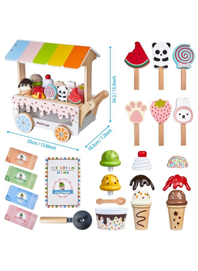 medoga Wooden Ice Cream Truck Toy Play Set with Ice Cream Toy Pretend Play Food Truck Play Kitchen Accessories with Ice Lolly & Shovel & Menu Wooden Toy Gift for 3 4 5 6 7 8 Year Old Girls Boys - Image 5