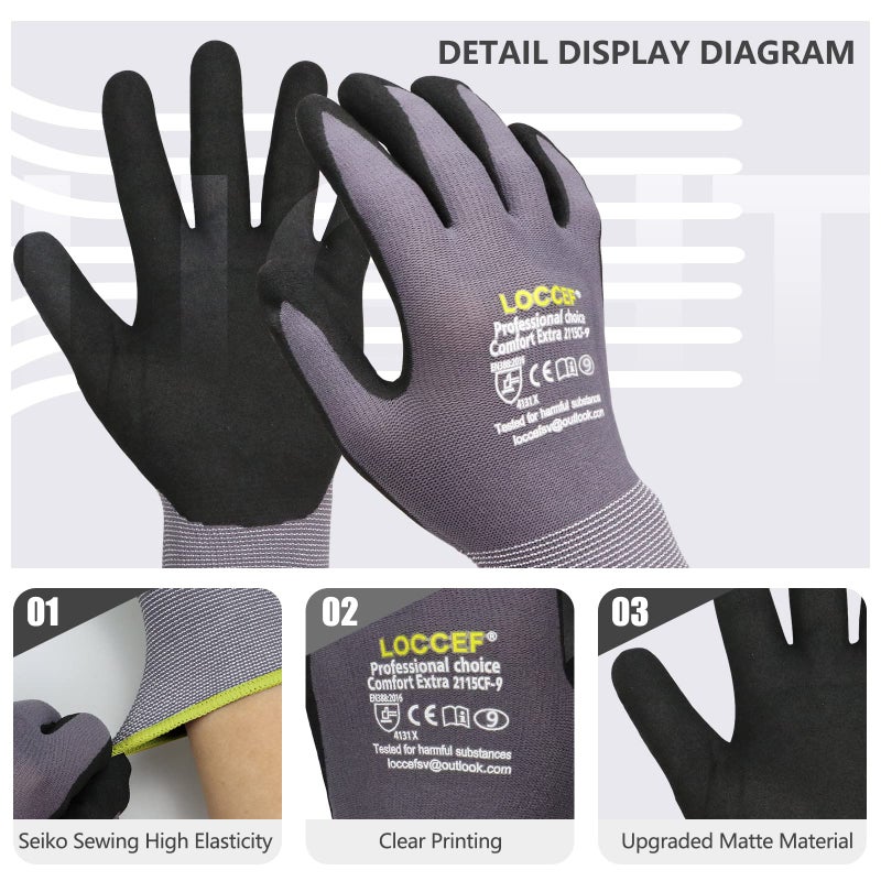 LOCCEF Work Gloves MicroFoam Nitrile Coated-6 Pairs,Seamless Knit Nylon Gloves,Gray Work gloves (9/L, Gary-6 Pairs) - Image 2