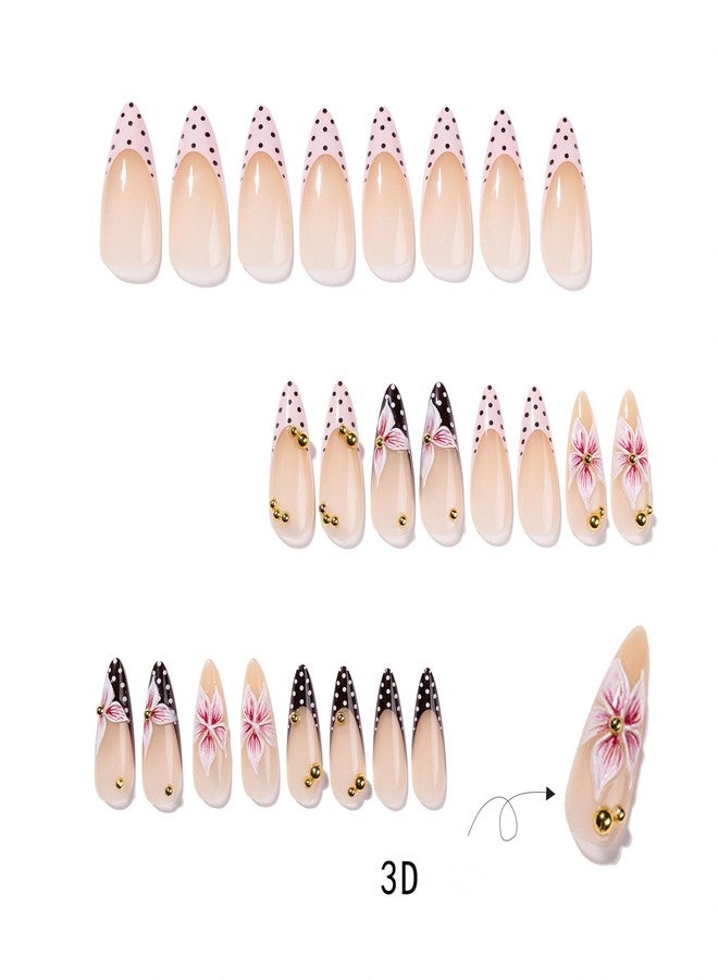 QQPPOLIU Fall Meduim Press on Nails Almond Shape French Tip Fake Nails Reusable Full Cover Nude Pink with Cute Flower Polka Dot Designs False Nail Press ons for Gift Party Daily Women 24 Pcs 260605 - Image 2