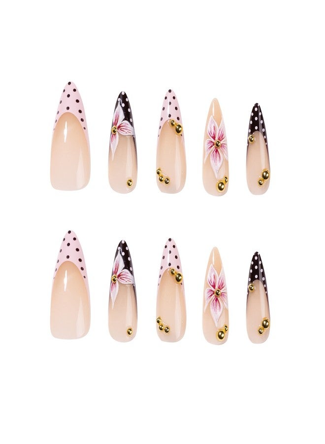 QQPPOLIU Fall Meduim Press on Nails Almond Shape French Tip Fake Nails Reusable Full Cover Nude Pink with Cute Flower Polka Dot Designs False Nail Press ons for Gift Party Daily Women 24 Pcs 260605 - Image 5