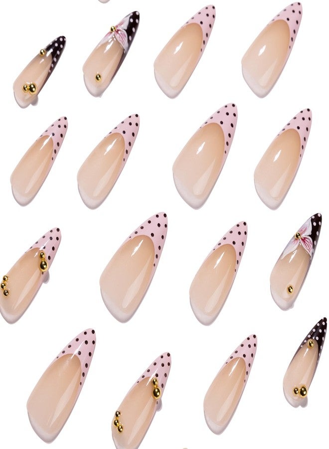 QQPPOLIU Fall Meduim Press on Nails Almond Shape French Tip Fake Nails Reusable Full Cover Nude Pink with Cute Flower Polka Dot Designs False Nail Press ons for Gift Party Daily Women 24 Pcs 260605 - Image 3