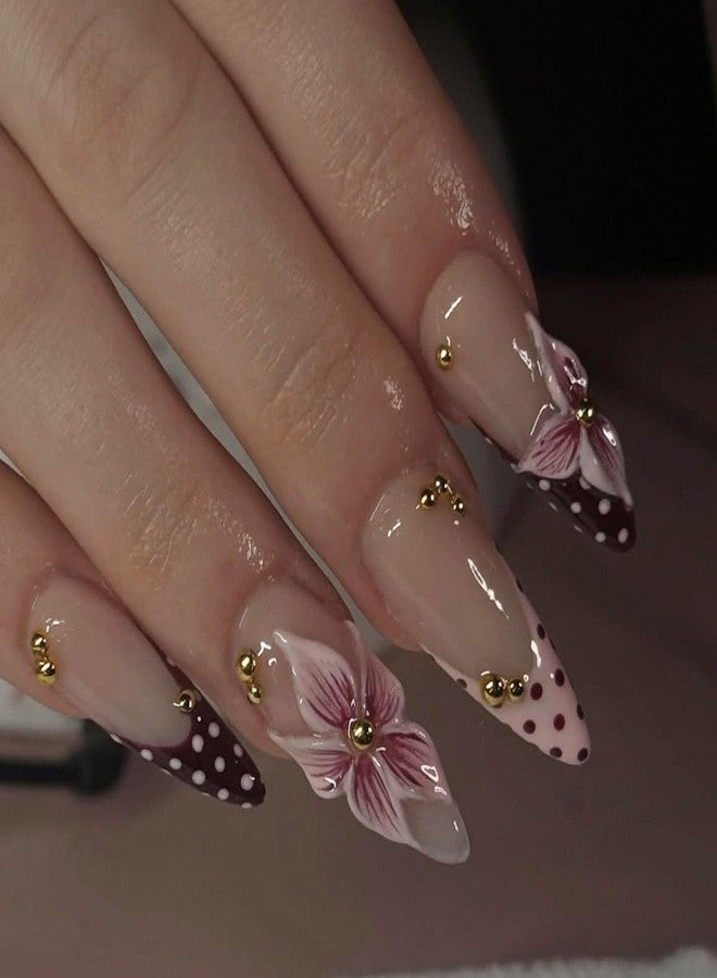 QQPPOLIU Fall Meduim Press on Nails Almond Shape French Tip Fake Nails Reusable Full Cover Nude Pink with Cute Flower Polka Dot Designs False Nail Press ons for Gift Party Daily Women 24 Pcs 260605 - Image 1