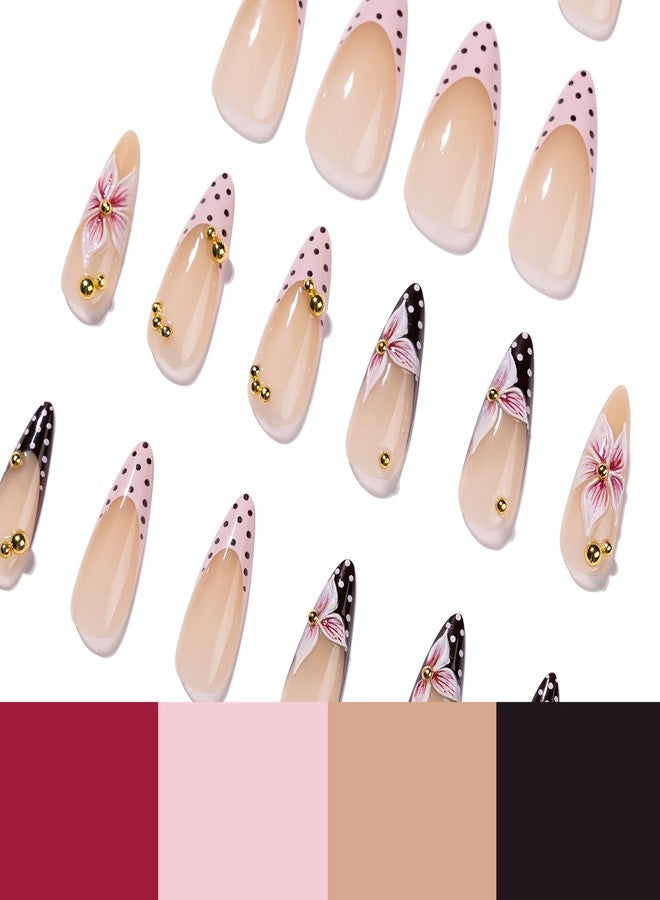 QQPPOLIU Fall Meduim Press on Nails Almond Shape French Tip Fake Nails Reusable Full Cover Nude Pink with Cute Flower Polka Dot Designs False Nail Press ons for Gift Party Daily Women 24 Pcs 260605 - Image 4