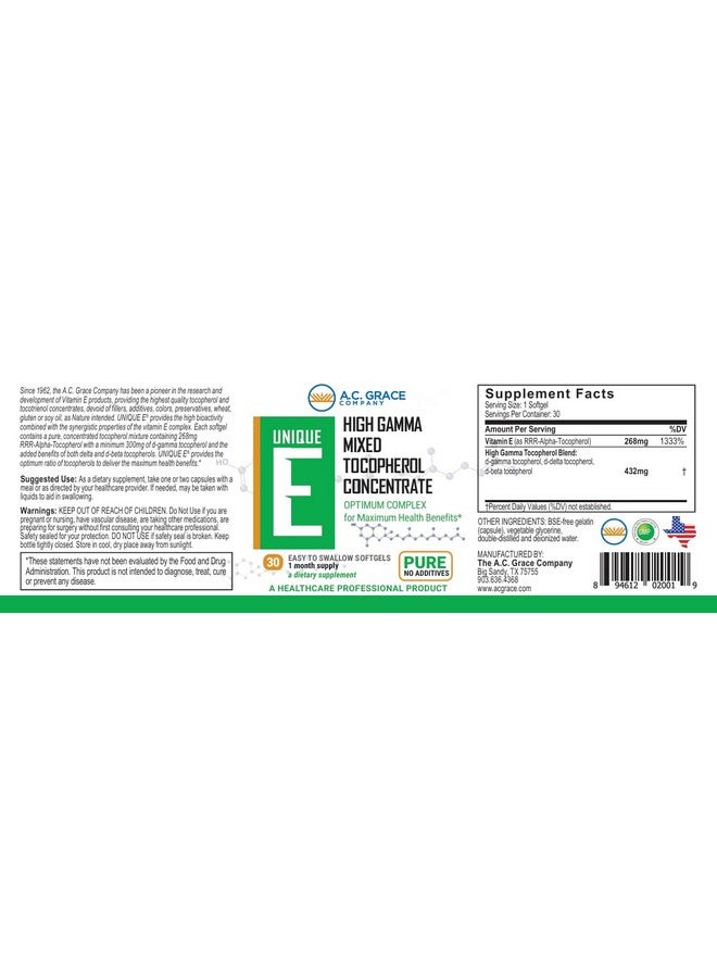 UNIQUE E A.C. Grace Company, Mixed Tocopherols Concentrate Softgels, 30 Count - Image 4