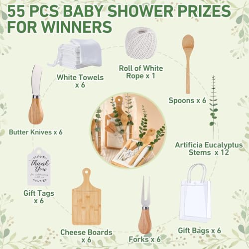 Rigibright 55Pcs Baby Shower Prizes for Game Winners 6 Sets Bamboo Cheese Board Spoon Fork Butter Spreaders Plaid Towel Thank You Card and Gift Bags for Baby Shower Wedding Bridal Shower Favors - Image 2