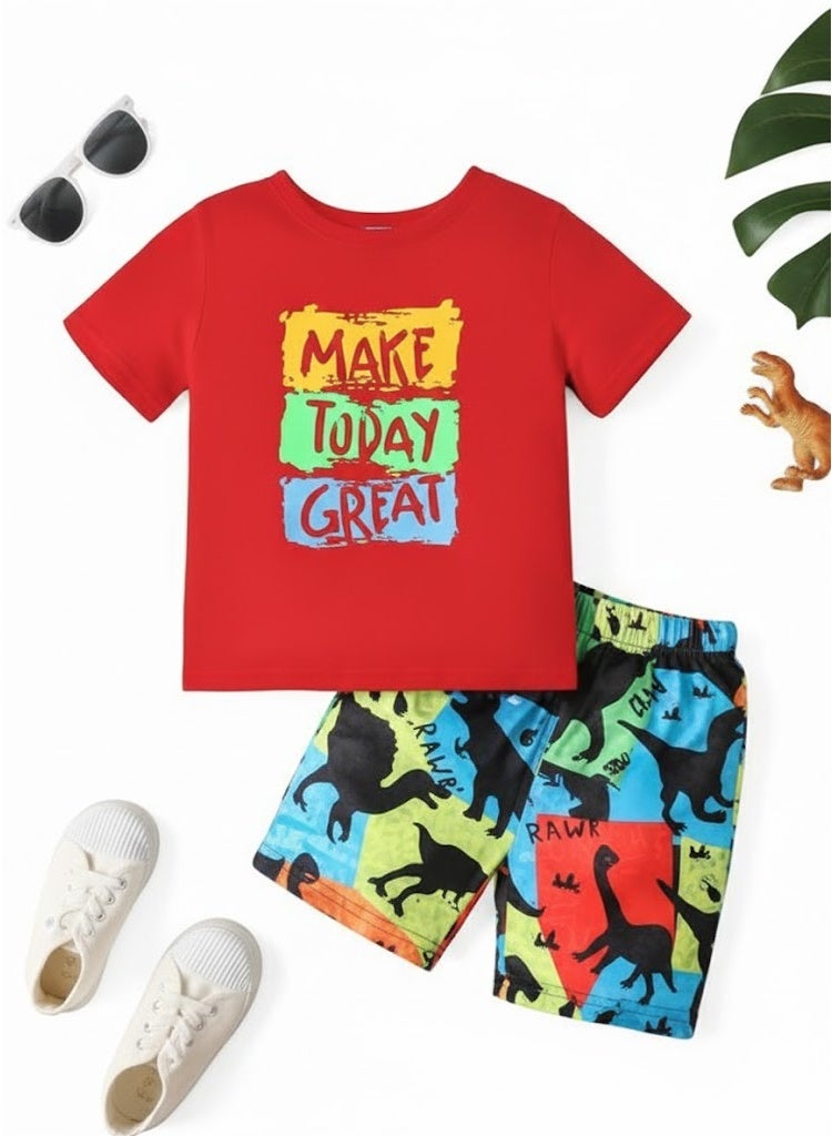 ديناصورز طقم صيفي أولادي قطعتين للأطفال، تيشيرت قطن نص كم بطباعة حروف وديناصور مع شورت، ملابس مريحة وناعمة للأطفال من عمر 1 إلى 4 سنوات، مناسب للاستخدام اليومي والخروجات - Image 1
