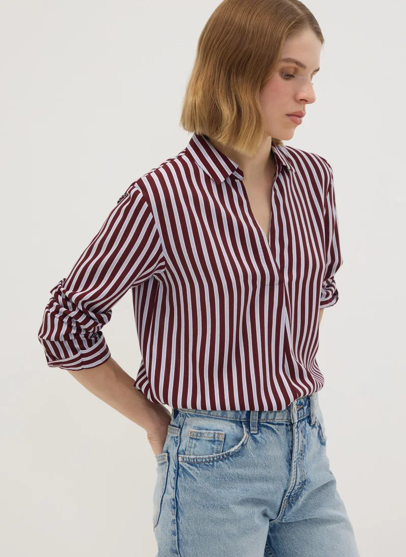 او في اس OVS Red striped pure viscose shirt with classic collar, regular fit