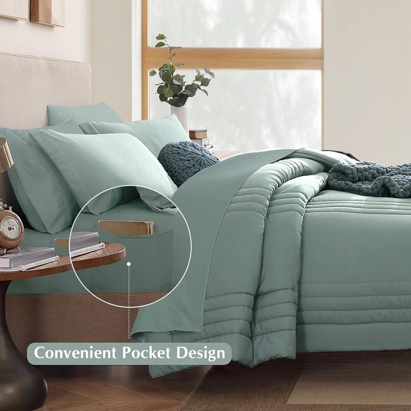 Monbix Super King Size Comforter Set - 7 Pieces Sage Green Bed in a Bag Super King Bedding Sets with Comforters, All Seasons Comforter Bed Set with Sheets,Pillowcases & Shams - Image 5
