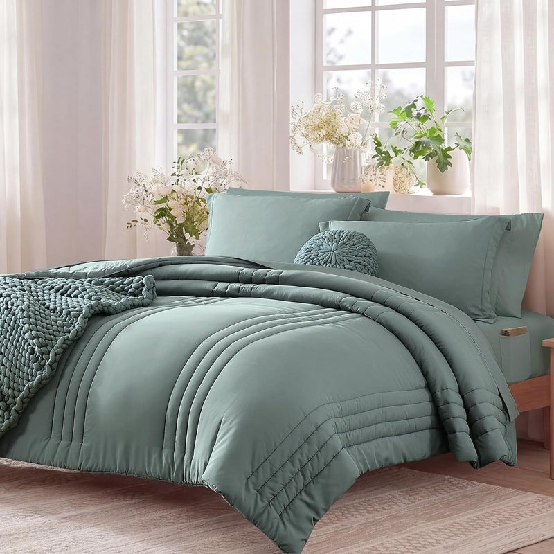 Monbix Super King Size Comforter Set - 7 Pieces Sage Green Bed in a Bag Super King Bedding Sets with Comforters, All Seasons Comforter Bed Set with Sheets,Pillowcases & Shams - Image 2