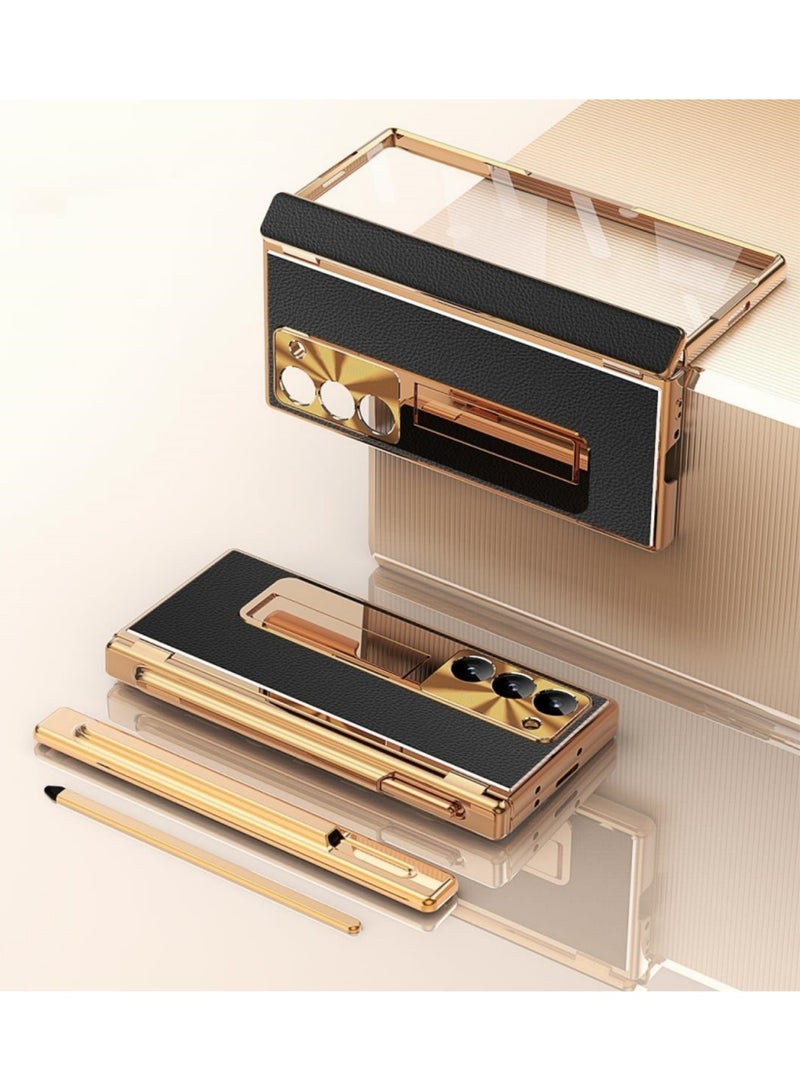 Aookay Case for Samsung Galaxy Z Fold 7 with Pen, Built-in Tempered Glass Screen Protector +Camera Protection, Two Kinds of Hinges, with Stand, Pen Tray, Anti-Drop Case [Not Original Pen] (Gold Black) - Image 1