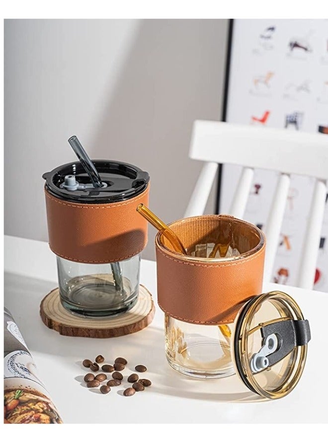 كوب زجاجي مع مصاصة وغطاء ، كوب زجاجي مع غطاء حماية من الجلد ، كوب قابل لإعادة الاستخدام للقش وفم الشرب المباشر للاستخدام المزدوج - Image 2