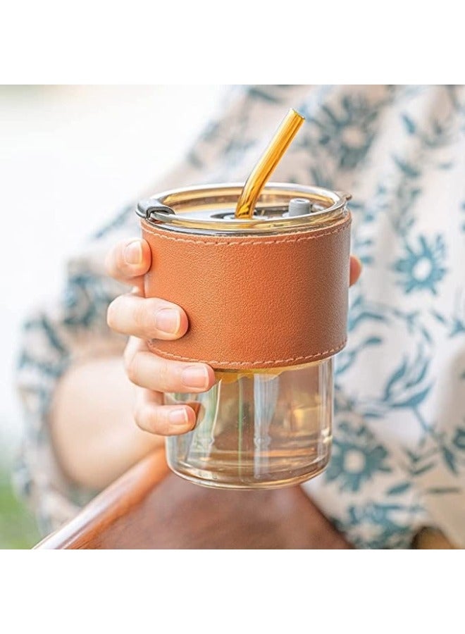 كوب زجاجي مع مصاصة وغطاء ، كوب زجاجي مع غطاء حماية من الجلد ، كوب قابل لإعادة الاستخدام للقش وفم الشرب المباشر للاستخدام المزدوج - Image 3