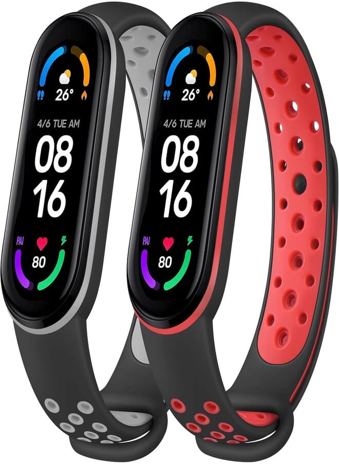 Mugust - Mugust 2 Pack Straps Compatible with Xiaomi Mi Band 5 / Xiaomi Mi Band 6 / Amazfit Band 5, Colourful Soft Silicone Replacement Bracelets for Mi Band 6 & Mi Band 5 & Amazfit Band 5 (Black Grey / Black - Image 1