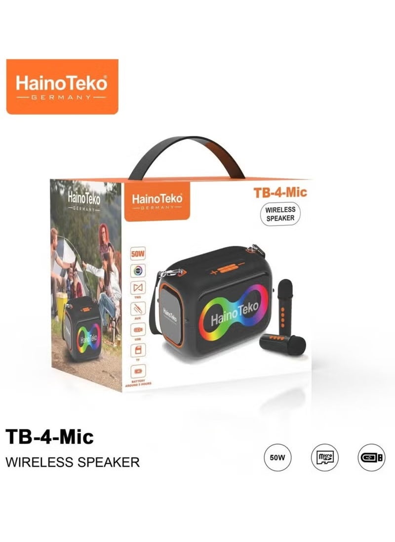 Haino Teko TB-4 Portable Wireless Bluetooth Speaker with 2 Wireless Mics, 50W Output Power, RGB Lighting, Multi-Functional Button Control, Black – Ultimate Sound Experience  - Image 4