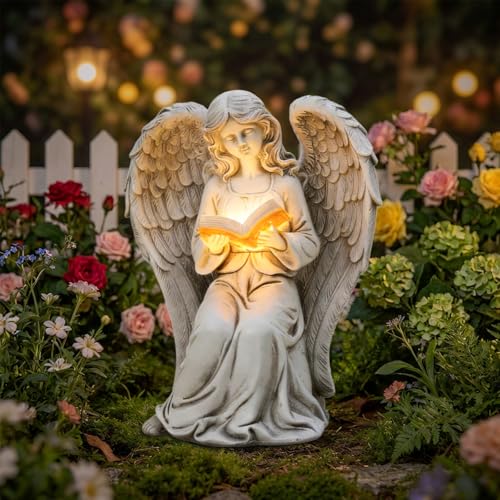 Ovewios Angel Statue Outdoor Decor Elegant Angel Garden Statues Reading Book with Solar LED Lights Yard Decorations Lawn Ornaments Figurines Resin Sculpture for Outside Angel Gardening Gifts - Image 1